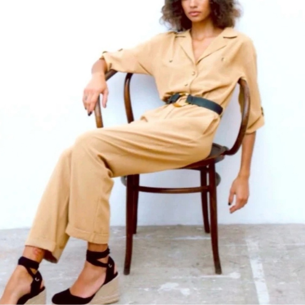 Zara‎ Tan Belted Utility Jumpsuit Womens Med Modern Minimalist Utility Chic